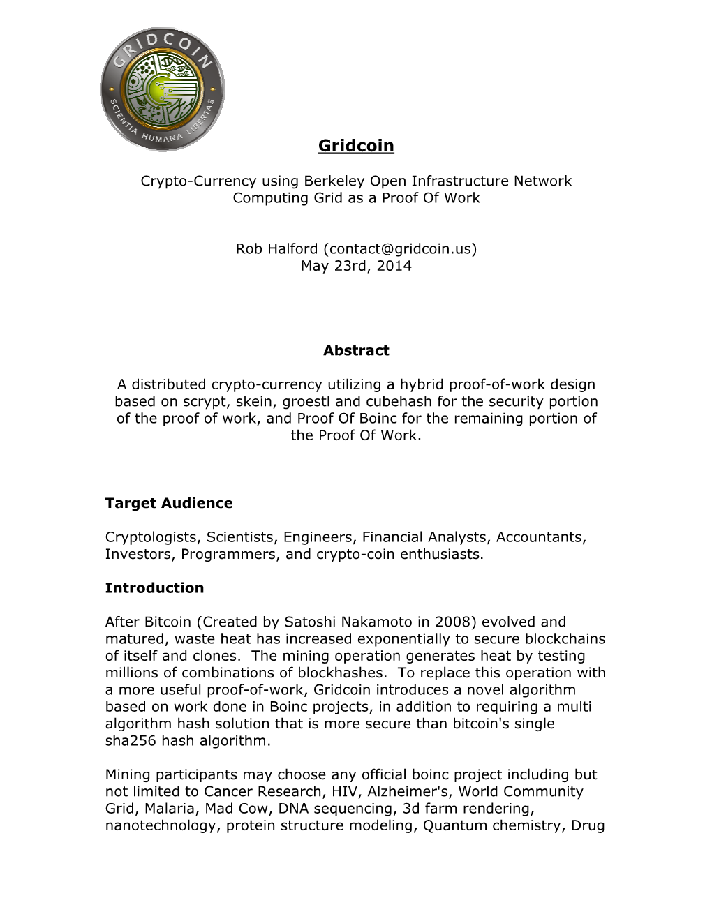 Gridcoin White Paper [Gröestl Word Processing System]