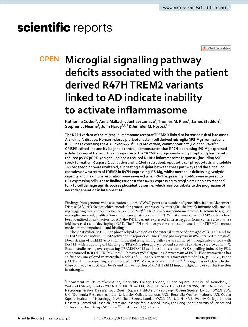 Microglial Signalling Pathway Deficits Associated with the Patient Derived