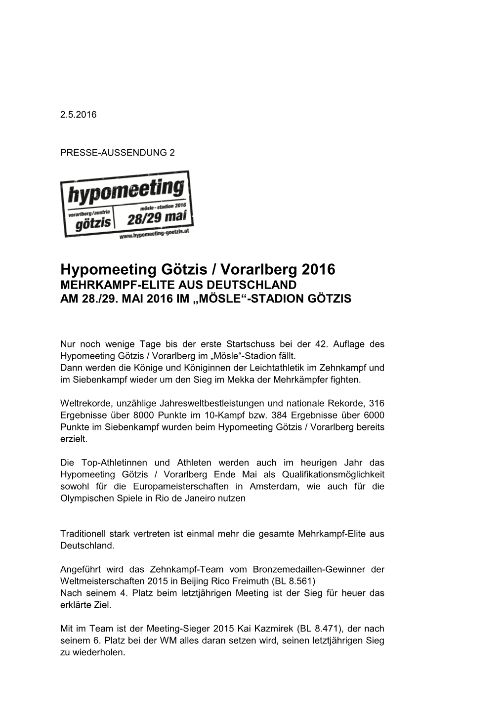 Hypomeeting Götzis / Vorarlberg 2016 MEHRKAMPF-ELITE AUS DEUTSCHLAND AM 28./29