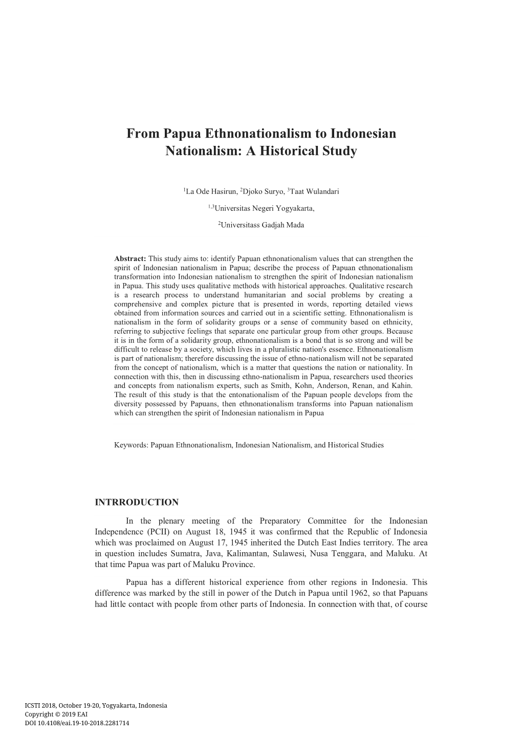 From Papua Ethnonationalism to Indonesian Nationalism: a Historical Study