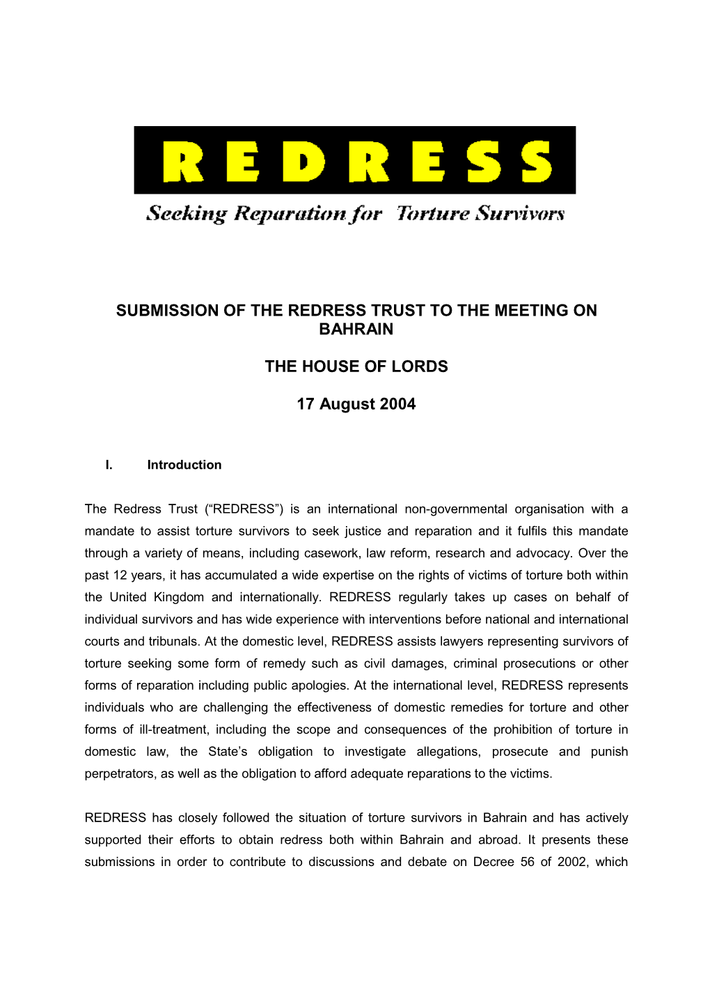 Submission of the Redress Trust to the Meeting on Bahrain