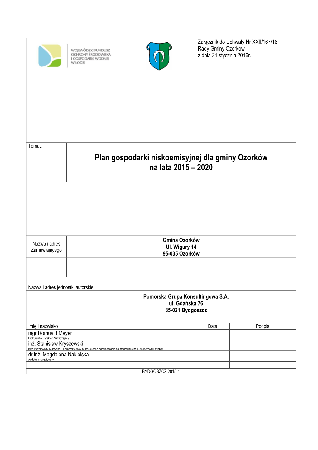 Plan Gospodarki Niskoemisyjnej Dla Gminy Ozorków Na Lata 2015 – 2020