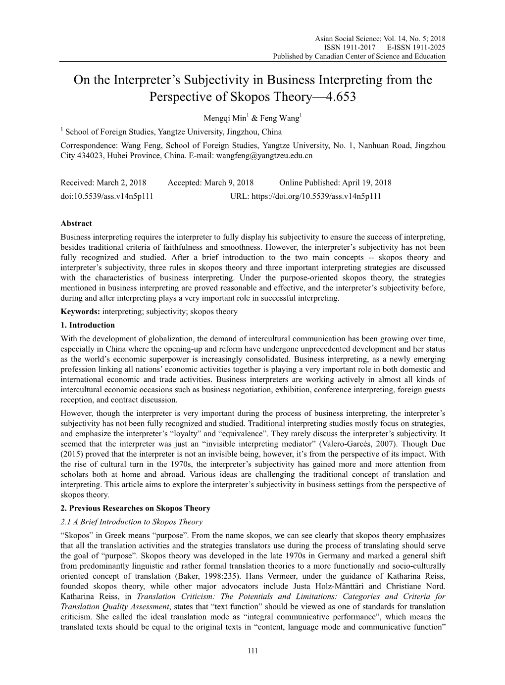 On the Interpreter's Subjectivity in Business Interpreting from the Perspective of Skopos Theory—4.653