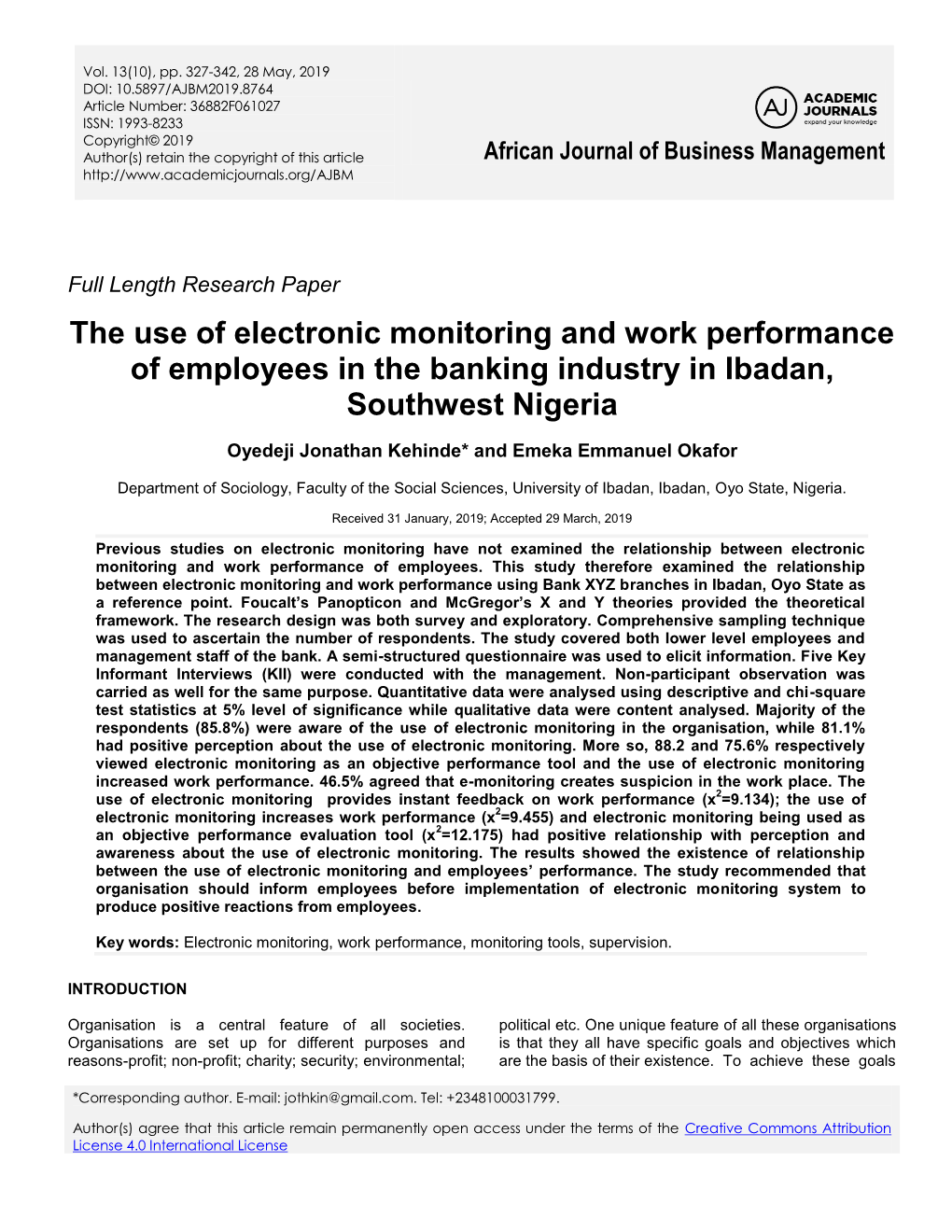 The Use of Electronic Monitoring and Work Performance of Employees in the Banking Industry in Ibadan, Southwest Nigeria