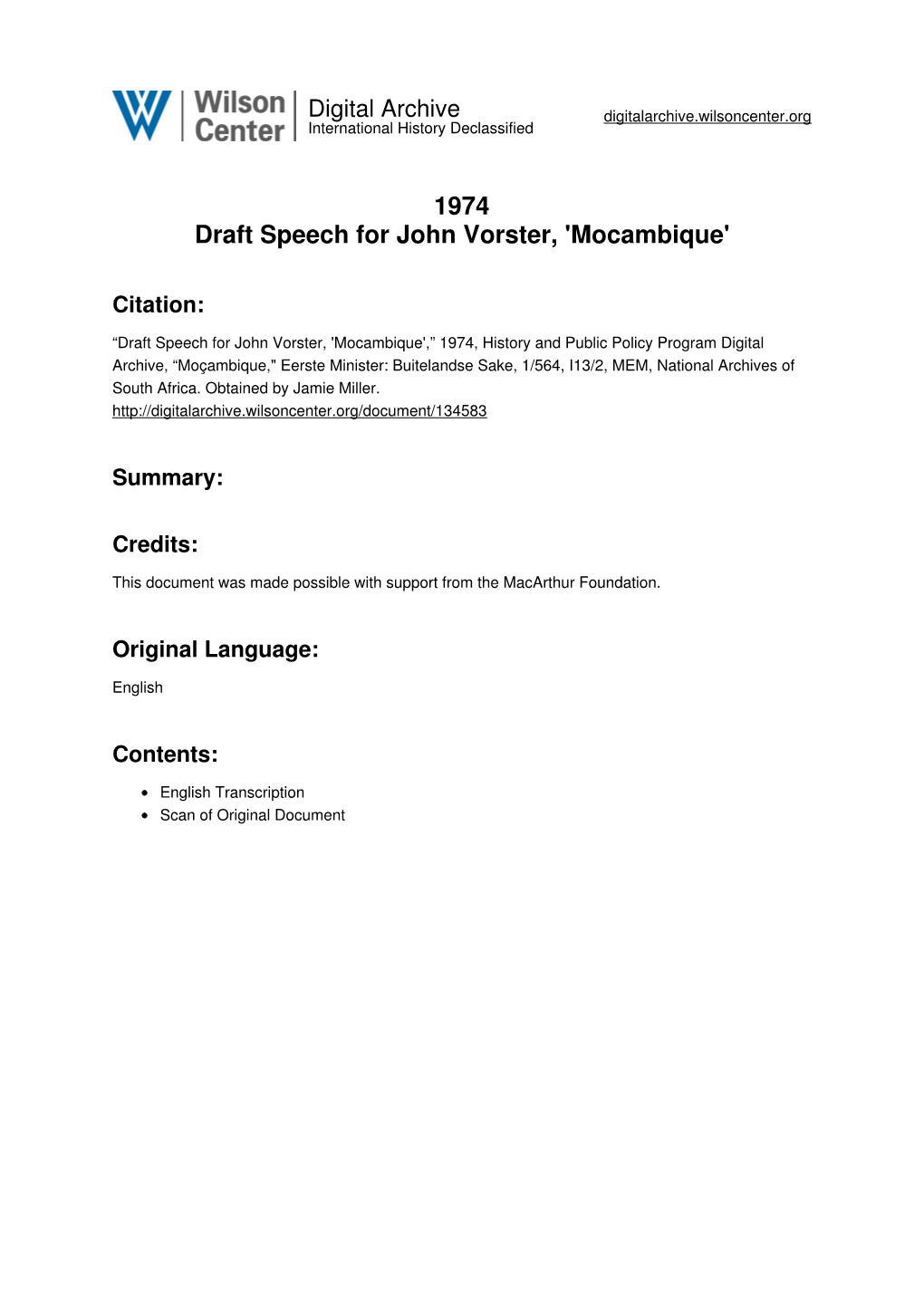 1974 Draft Speech for John Vorster, 'Mocambique'