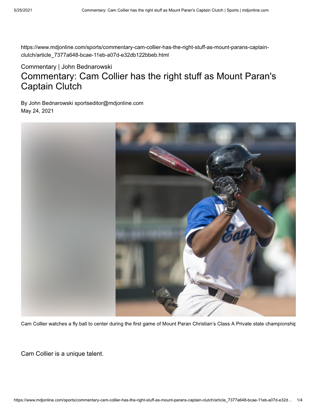 Cam Collier Has the Right Stuff As Mount Paran's Captain Clutch | Sports | Mdjonline.Com