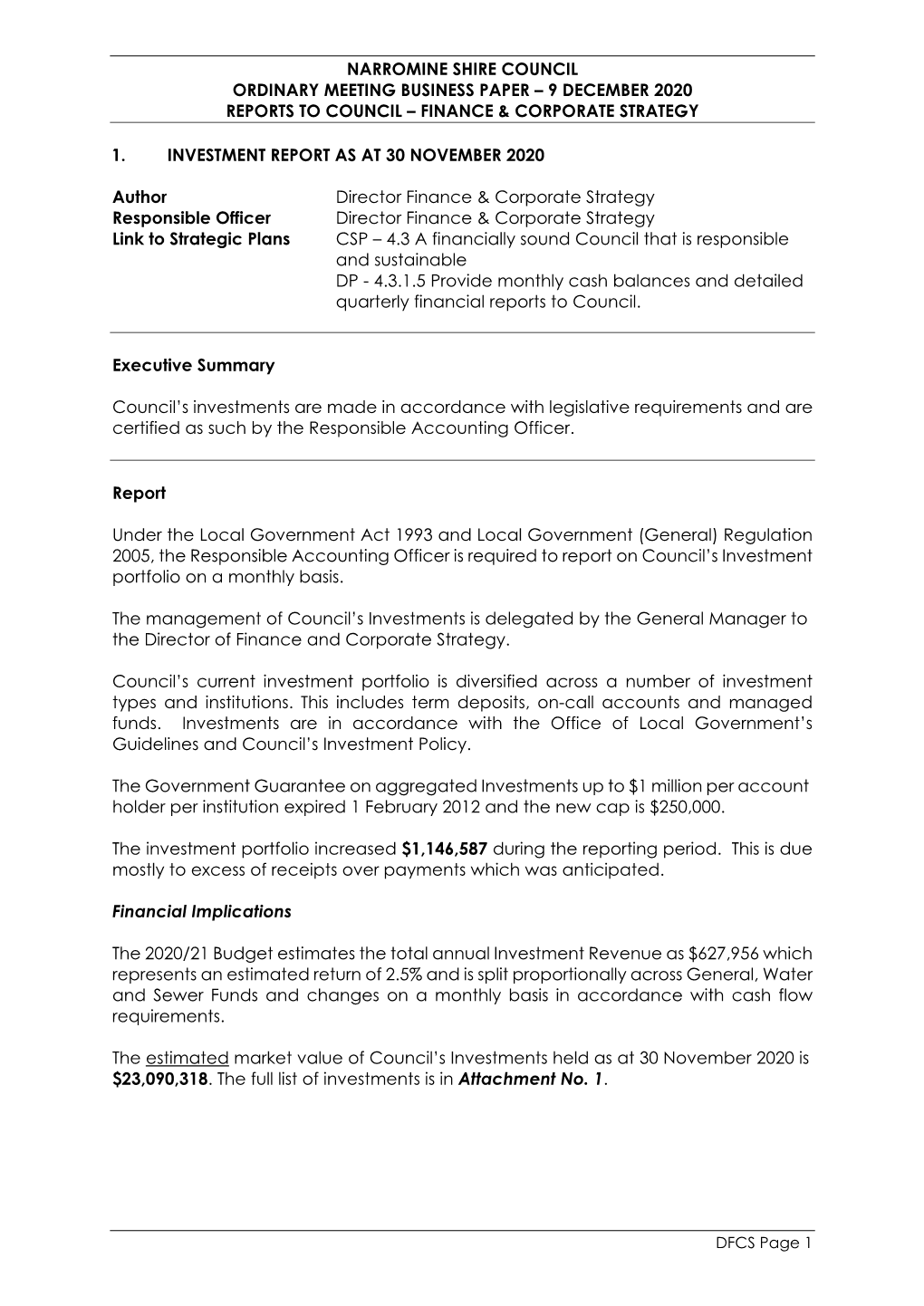 9 December 2020 Reports to Council – Finance & Corporate Strategy