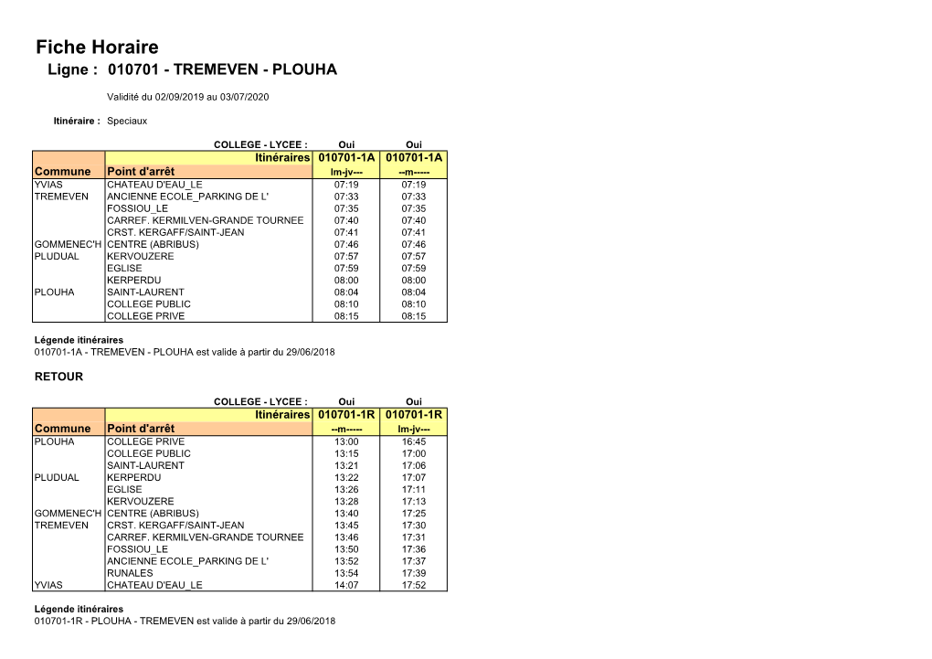 Fiche Horaire Ligne : 010701 - TREMEVEN - PLOUHA