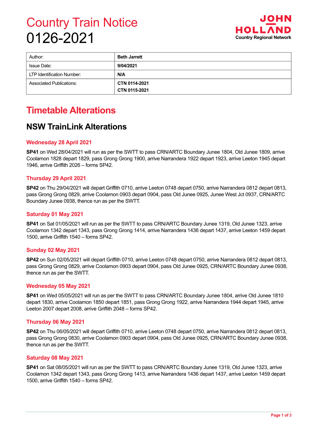 Country Train Notice 0126-2021 Country Regional Network