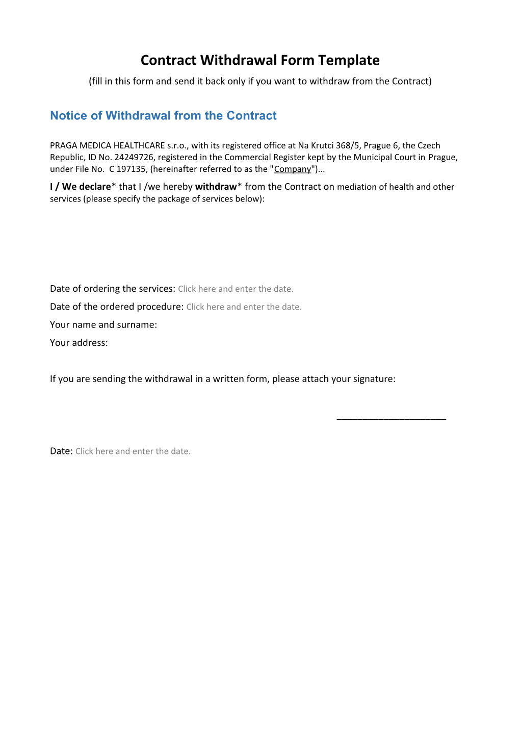 Contract Withdrawal Form Template