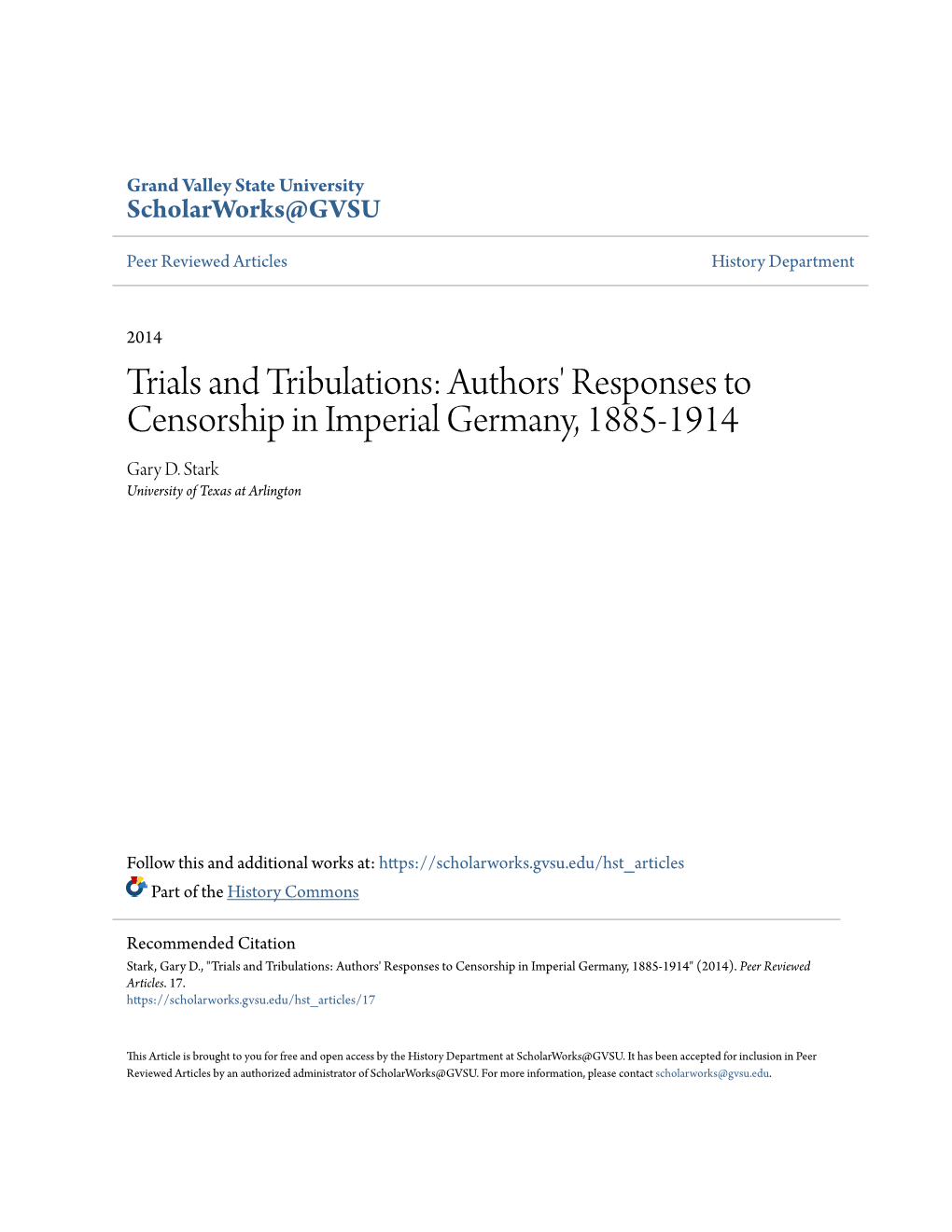 Authors' Responses to Censorship in Imperial Germany, 1885-1914 Gary D