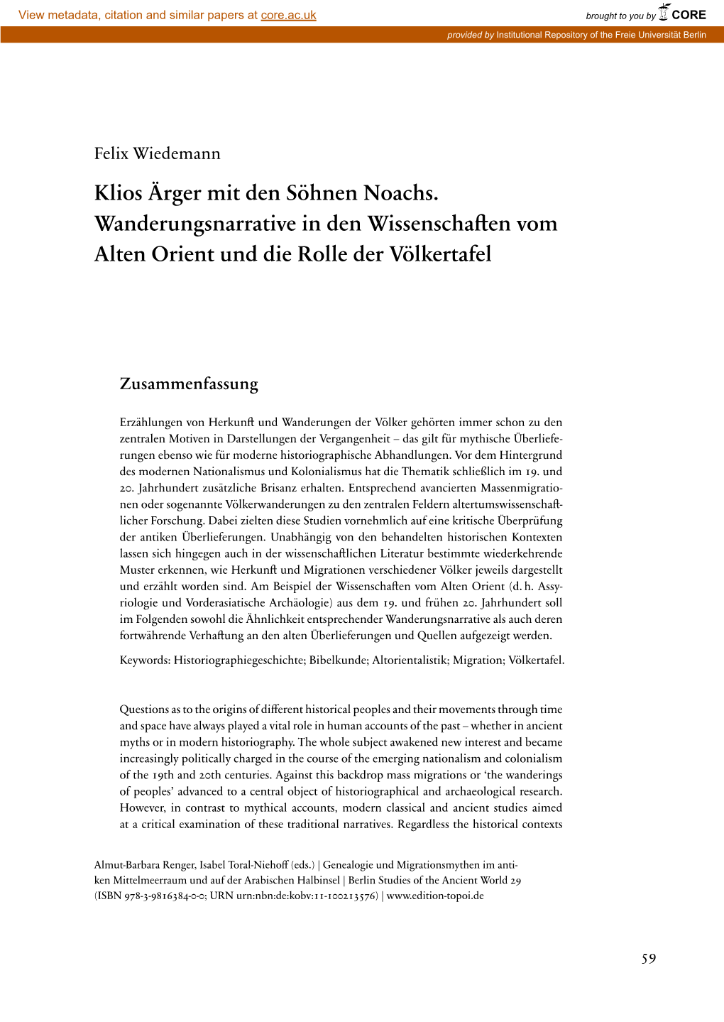 Klios Ärger Mit Den Söhnen Noachs. Wanderungsnarrative in Den Wissenscha En Vom Alten Orient Und Die Rolle Der Völkertafel