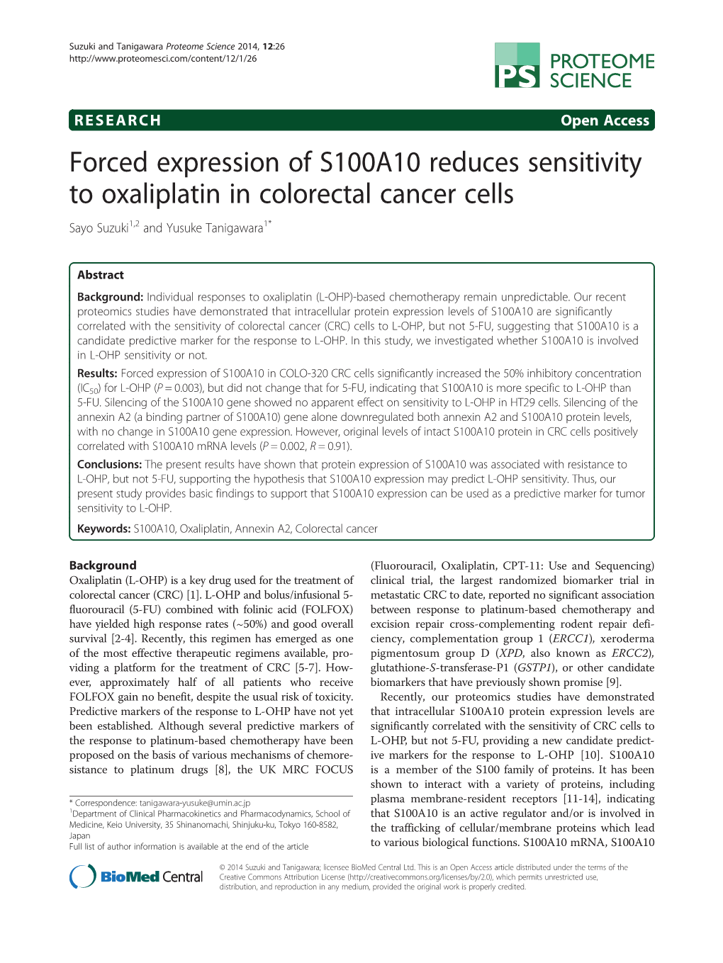 Forced Expression of S100A10 Reduces Sensitivity to Oxaliplatin in Colorectal Cancer Cells Sayo Suzuki1,2 and Yusuke Tanigawara1*