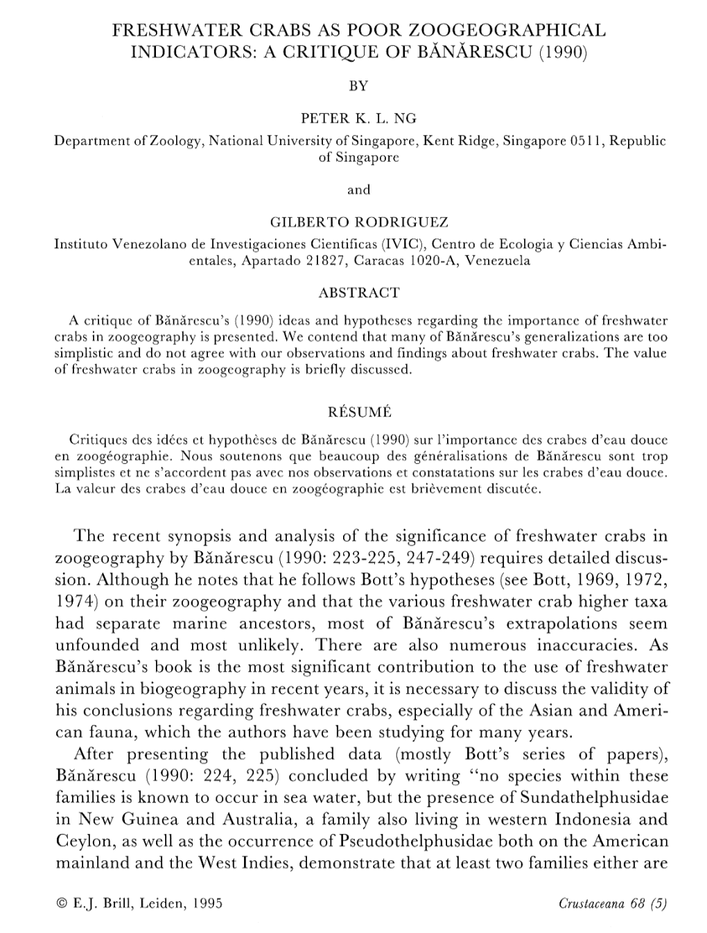 Freshwater Crabs As Poor Zoogeographical Indicators: a Critique of Banarescu (1990)