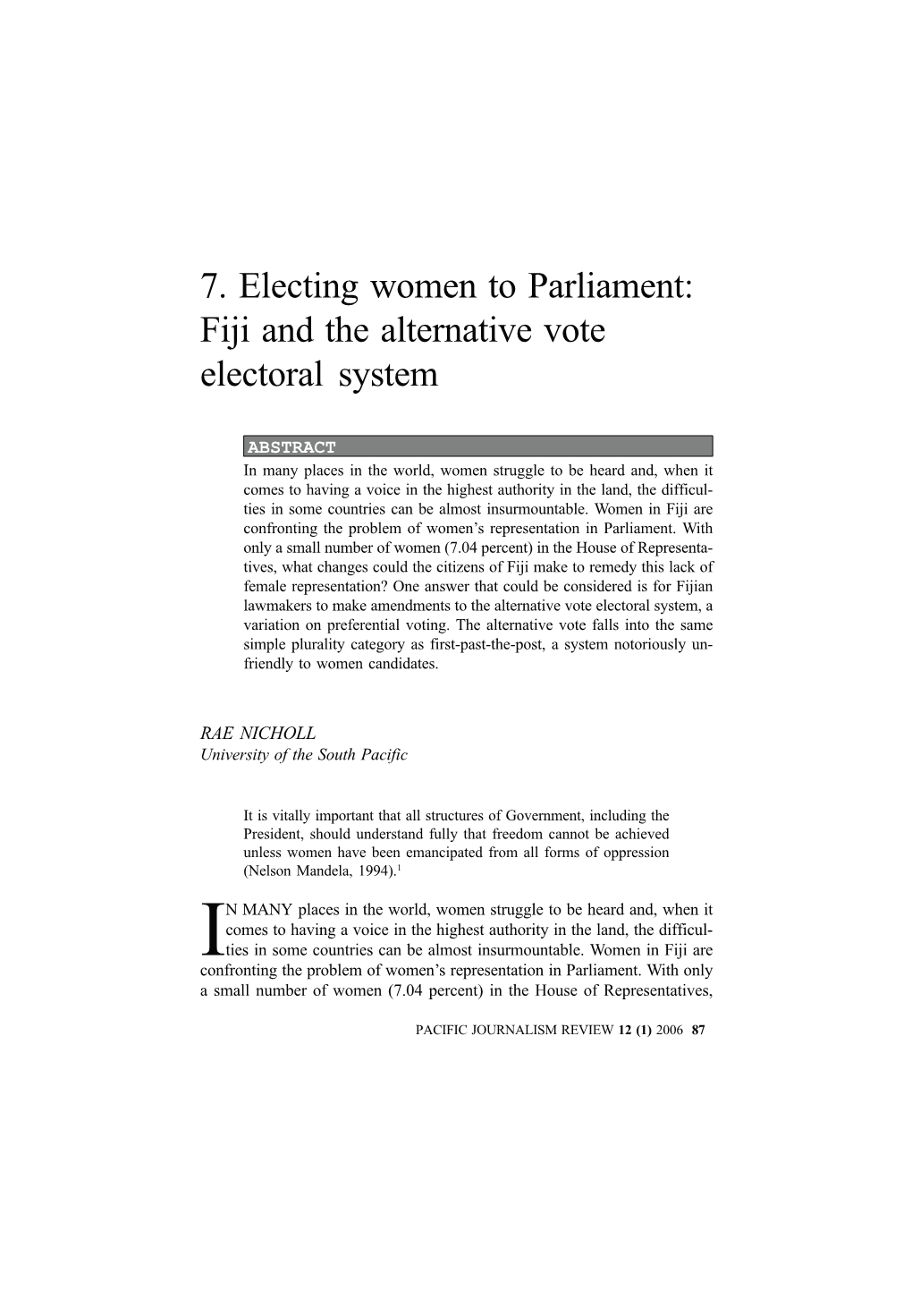 7. Electing Women to Parliament: Fiji and the Alternative Vote Electoral System