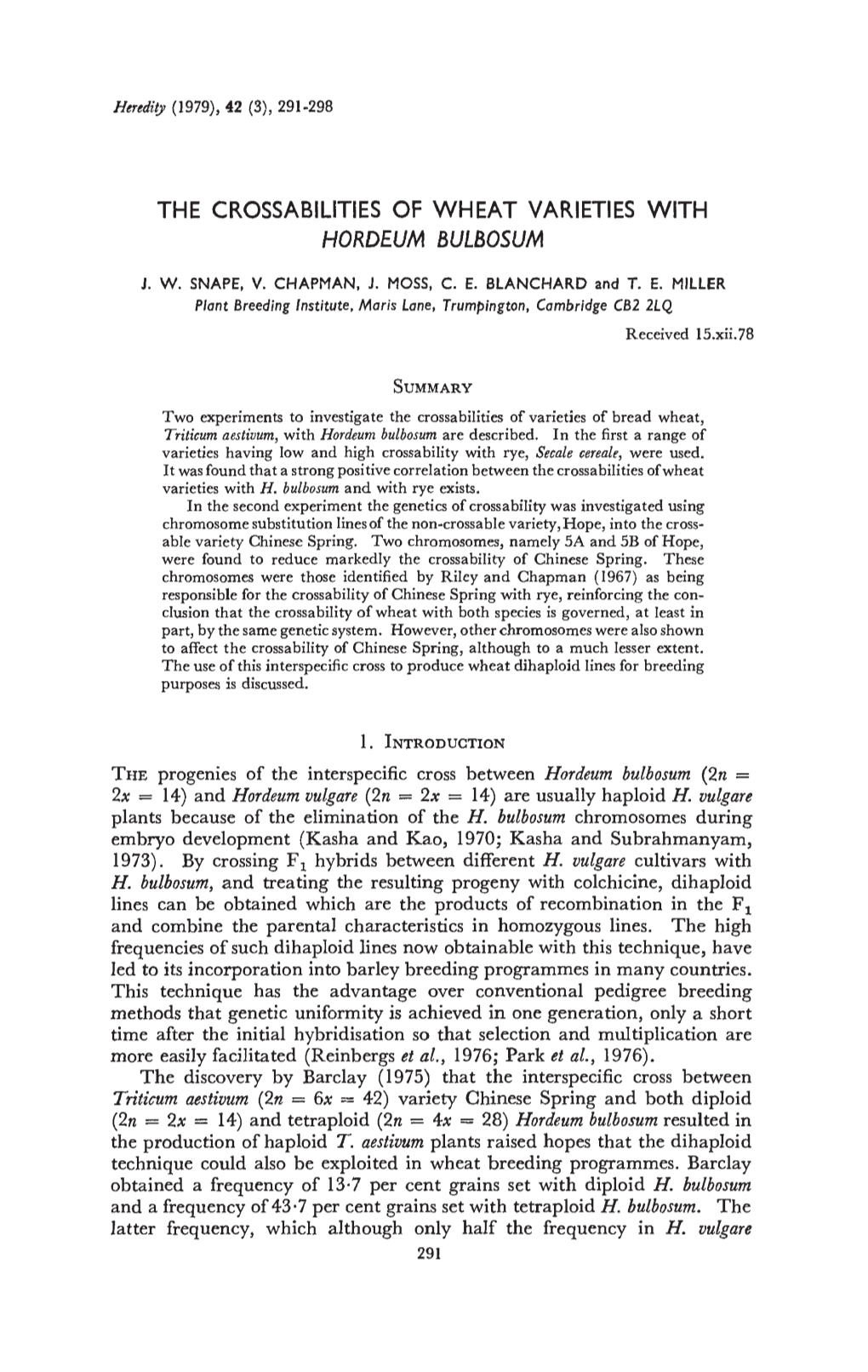 THE CROSSABILITIES of WHEAT VARIETIES with Lines Can