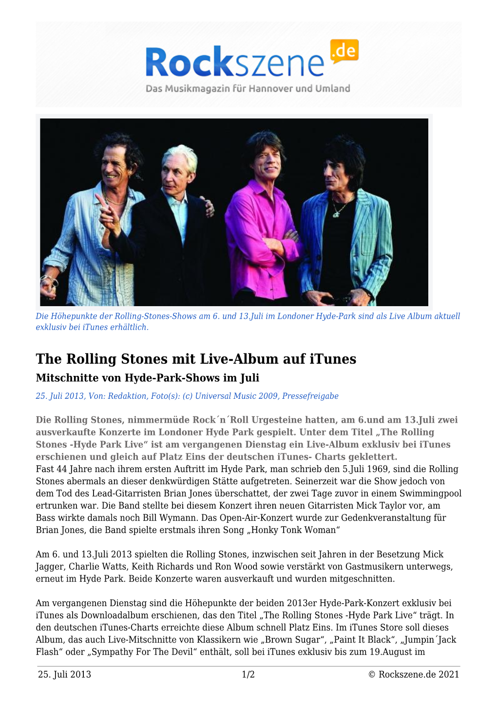 The Rolling Stones Mit Live-Album Auf Itunes Mitschnitte Von Hyde-Park-Shows Im Juli