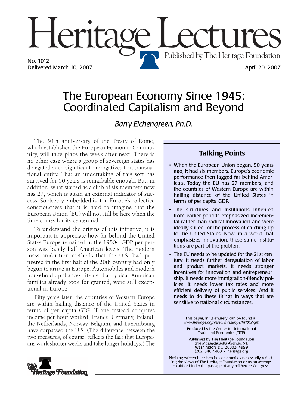 The European Economy Since 1945: Coordinated Capitalism and Beyond Barry Eichengreen, Ph.D