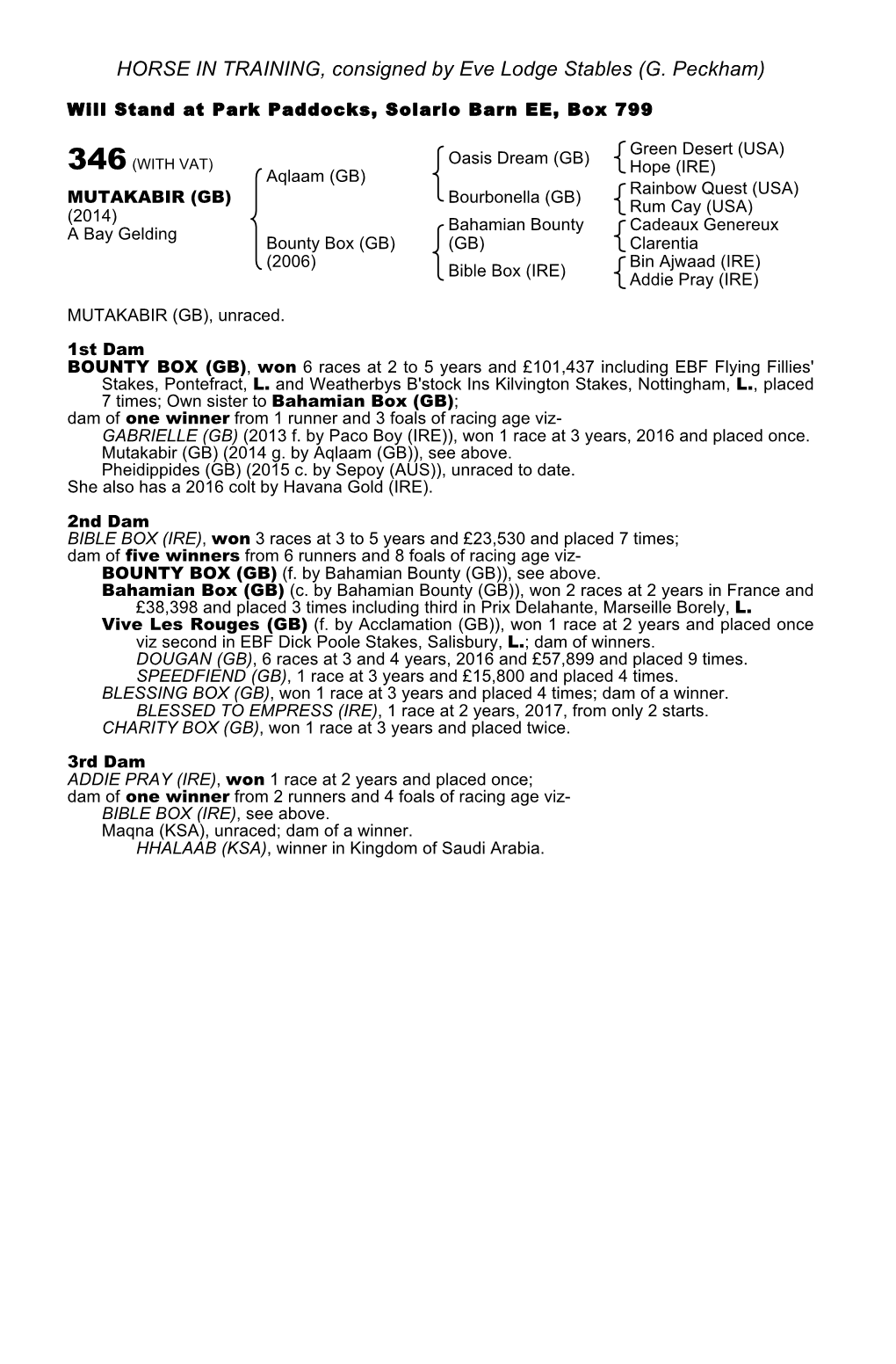 HORSE in TRAINING, Consigned by Eve Lodge Stables (G