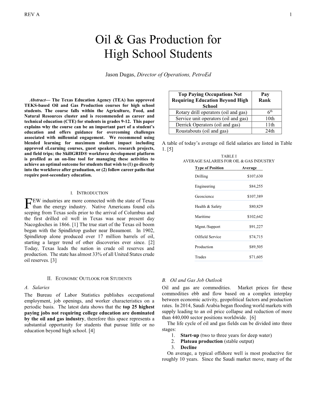 Oil & Gas Production for High School Students