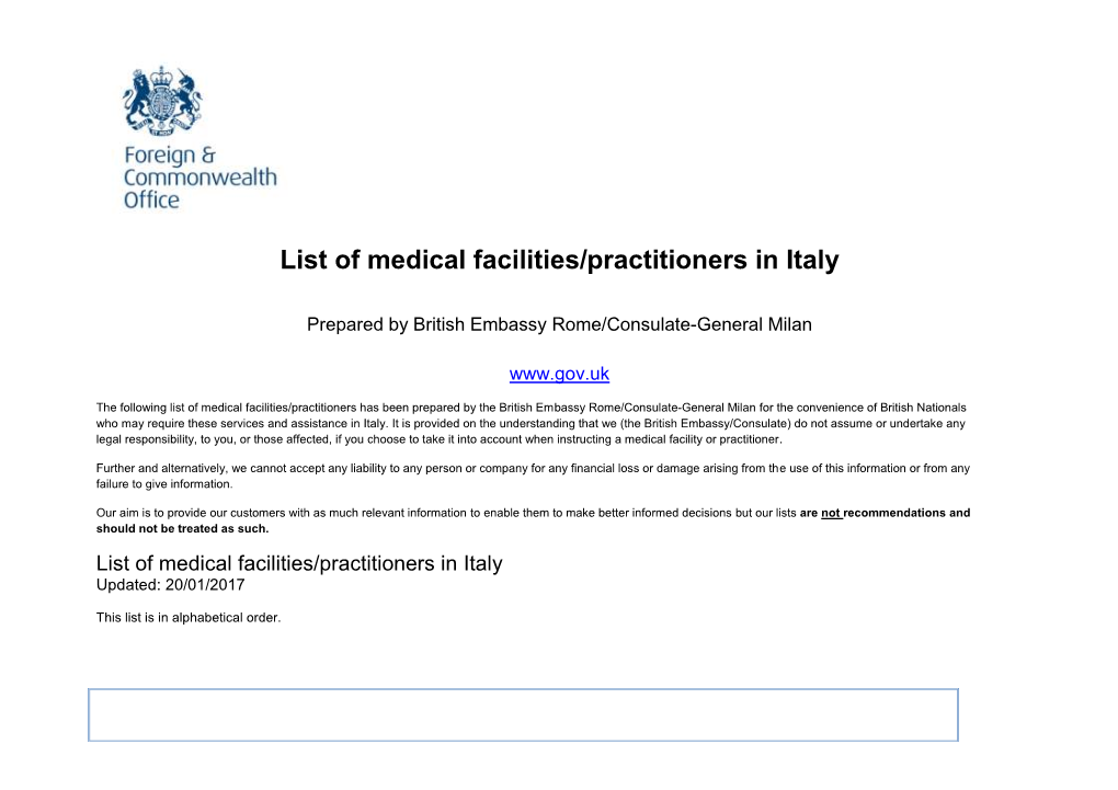 List of Medical Facilities/Practitioners in Italy