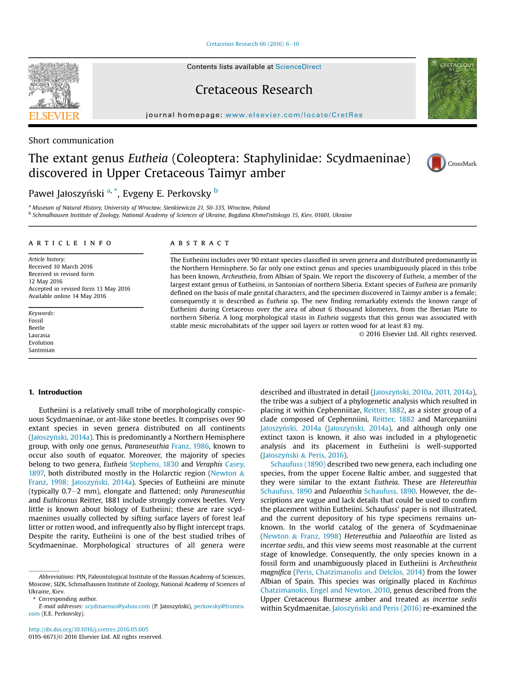 The Extant Genus Eutheia (Coleoptera: Staphylinidae: Scydmaeninae) Discovered in Upper Cretaceous Taimyr Amber