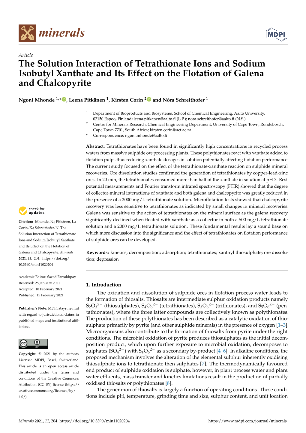 The Solution Interaction of Tetrathionate Ions and Sodium Isobutyl Xanthate and Its Effect on the Flotation of Galena and Chalcopyrite