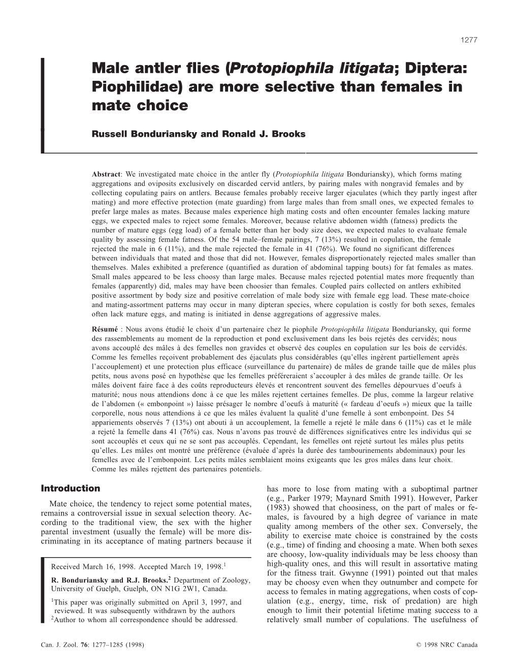 Protopiophila Litigata; Diptera: Piophilidae) Are More Selective Than Females in Mate Choice