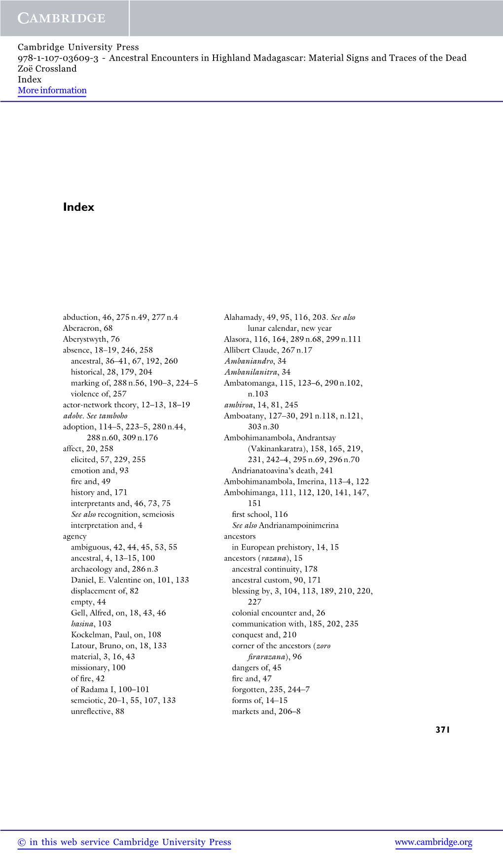 Ancestral Encounters in Highland Madagascar: Material Signs and Traces of the Dead Zoë Crossland Index More Information