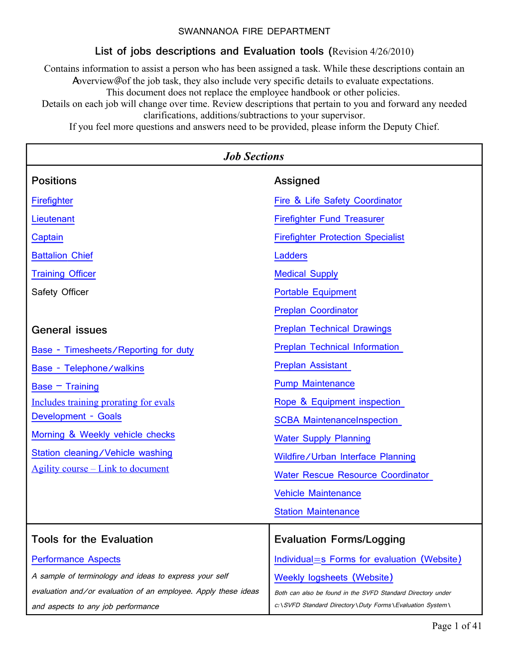 List of Jobs Descriptions and Evaluation Tools ( Revision 4/26/2010)