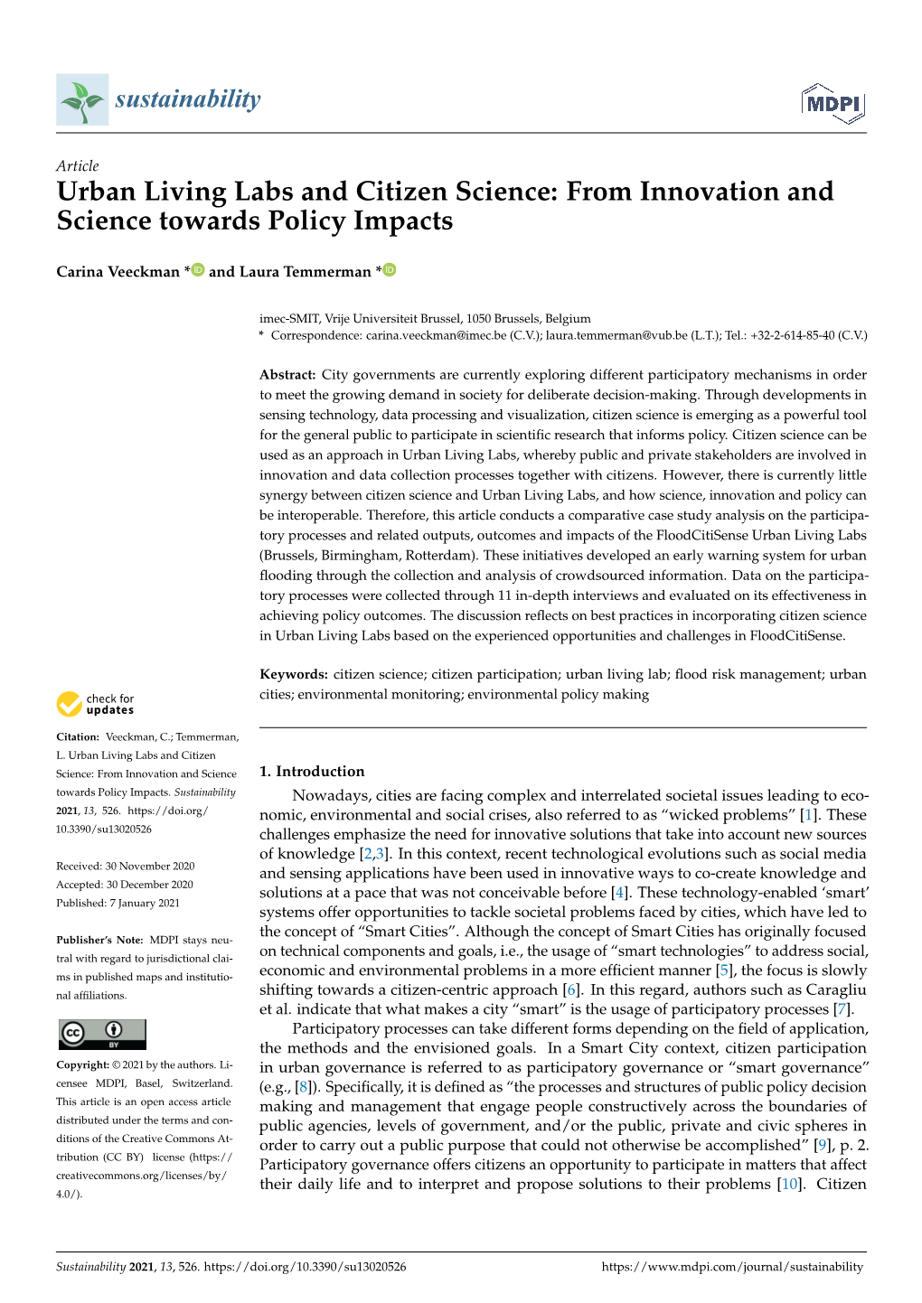 Urban Living Labs and Citizen Science: from Innovation and Science Towards Policy Impacts