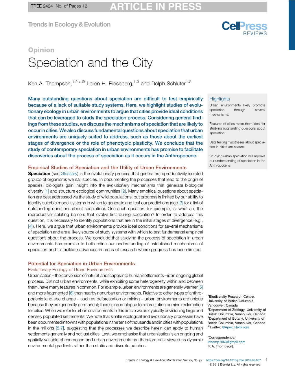 Speciation and the City