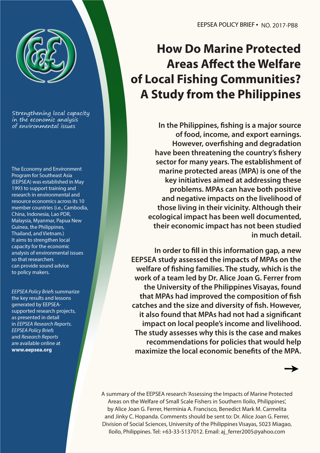 How Do Marine Protected Areas Affect the Welfare of Local Fishing Communities? a Study from the Philippines