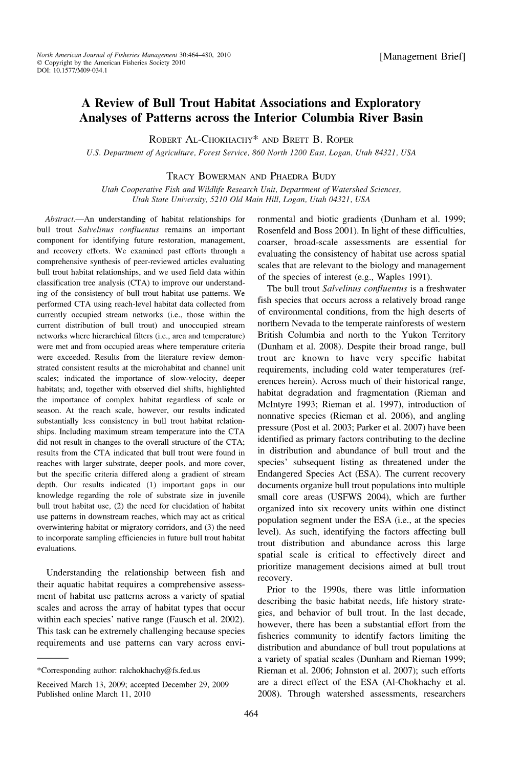 A Review of Bull Trout Habitat Associations and Exploratory Analyses of Patterns Across the Interior Columbia River Basin