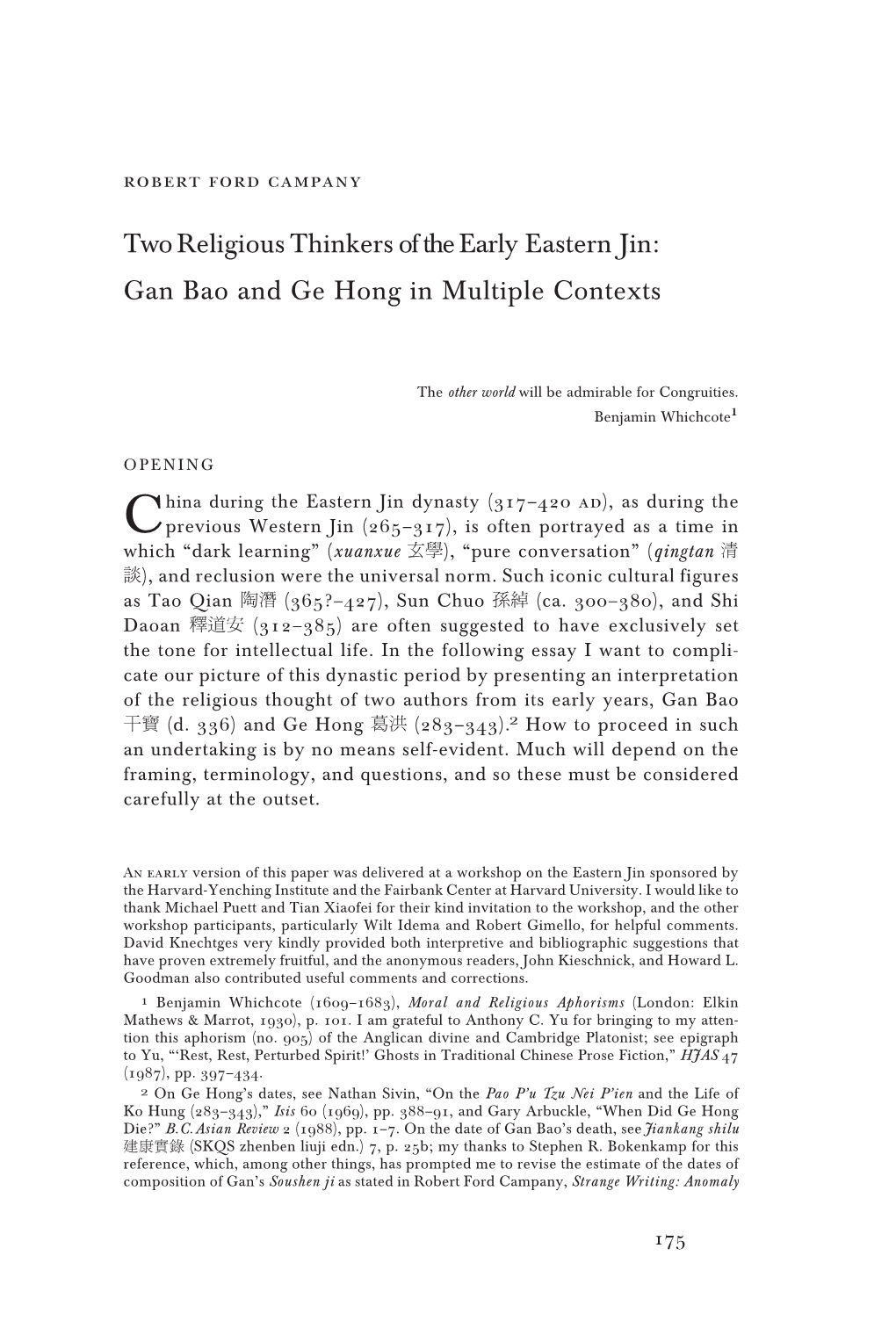 Two Religious Thinkers of the Early Eastern Jin: Gan Bao and Ge Hong in Multiple Contexts