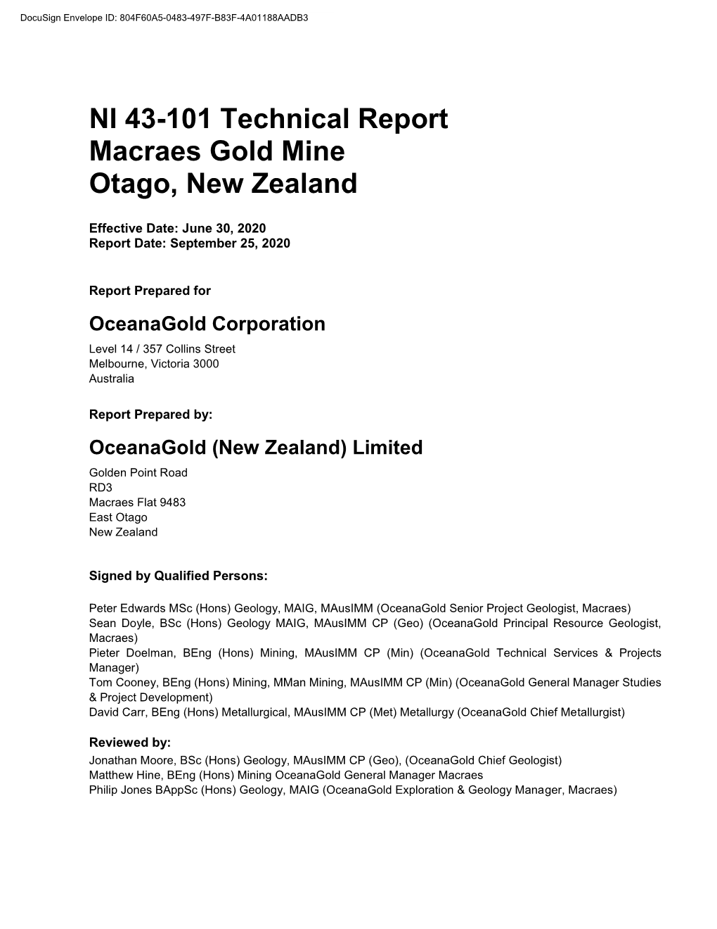 NI 43-101 Technical Report Macraes Gold Mine Otago, New Zealand