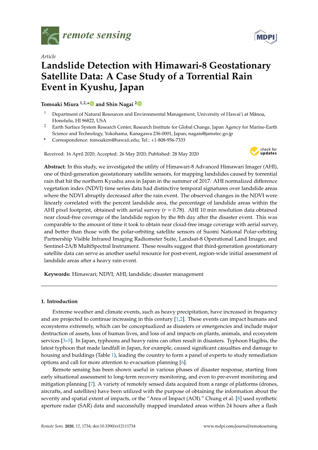 Landslide Detection with Himawari-8 Geostationary Satellite Data: a Case Study of a Torrential Rain Event in Kyushu, Japan