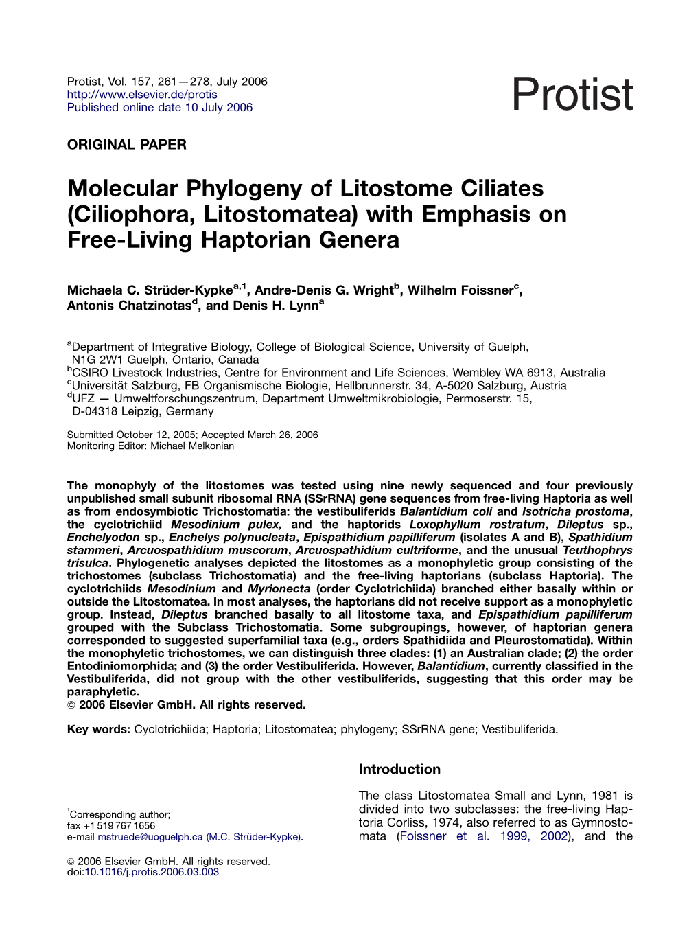 Molecular Phylogeny of Litostome Ciliates (Ciliophora, Litostomatea) with Emphasis on Free-Living Haptorian Genera