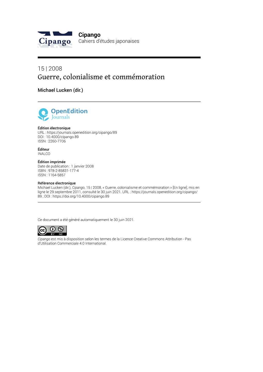 Cipango, 15 | 2008, « Guerre, Colonialisme Et Commémoration » [En Ligne], Mis En Ligne Le 29 Septembre 2011, Consulté Le 30 Juin 2021