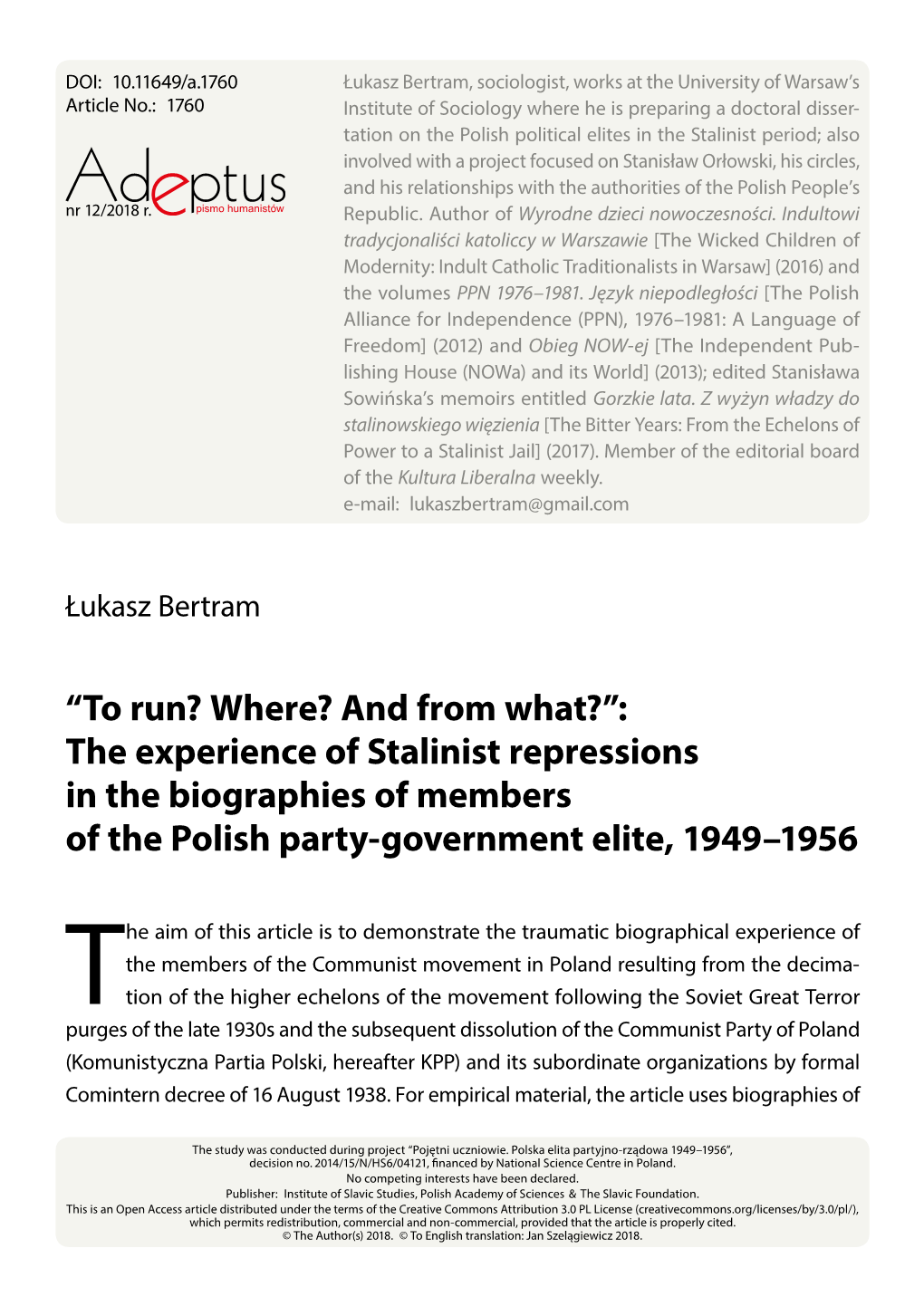 The Experience of Stalinist Repressions in the Biographies of Members of the Polish Party-Government Elite, 1949–1956