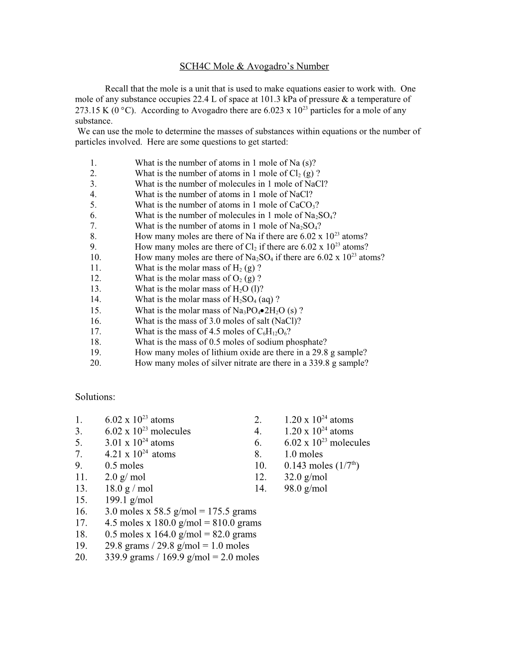 SCH3U Mole & Avogadro S Number