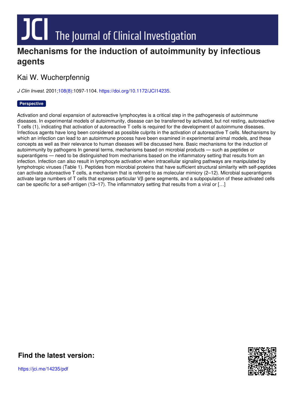 Mechanisms for the Induction of Autoimmunity by Infectious Agents