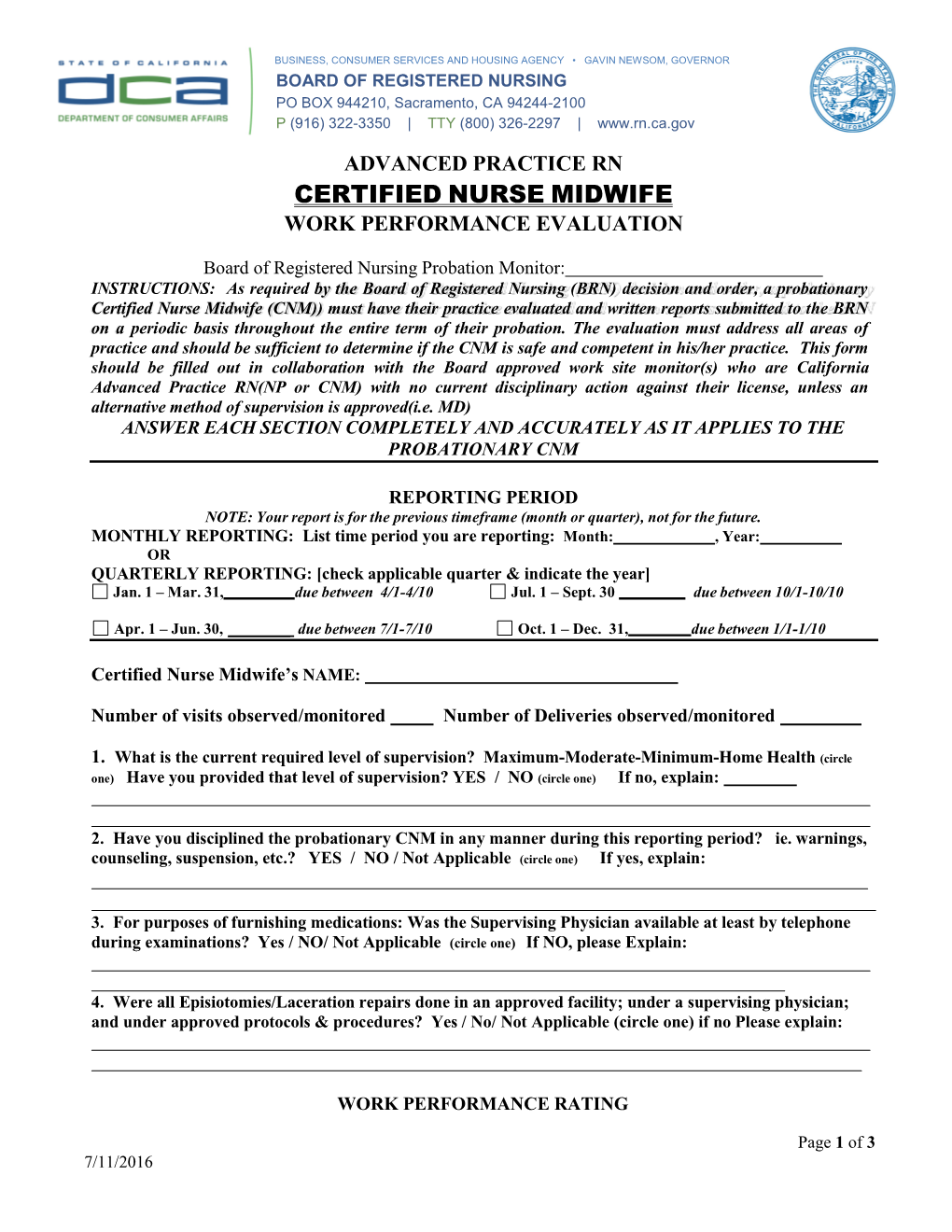 Certified Nurse Midwife Work Performance Evaluation