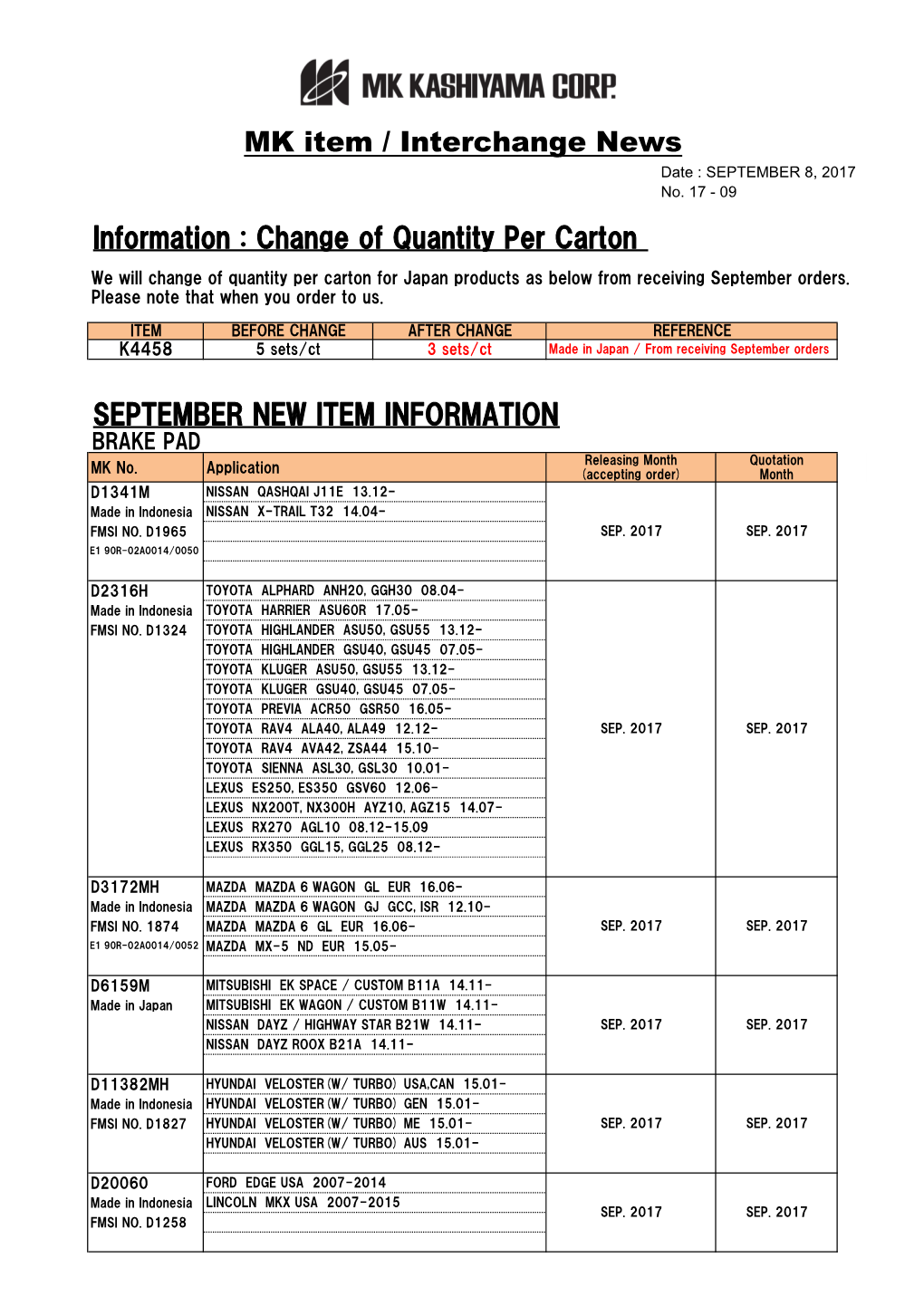 Information : Change of Quantity Per Carton SEPTEMBER NEW ITEM