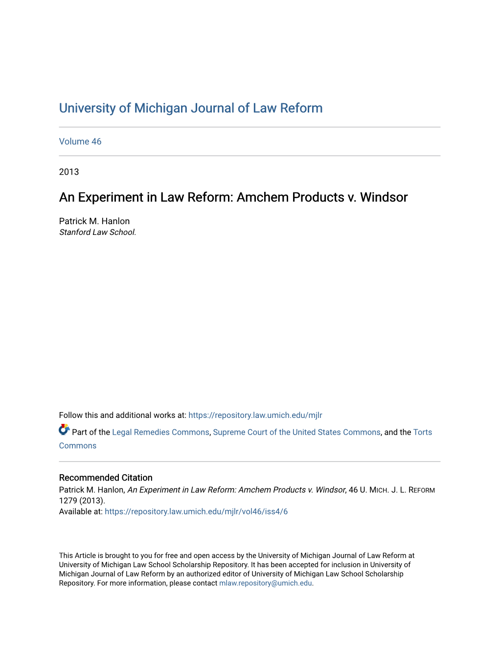 An Experiment in Law Reform: Amchem Products V. Windsor