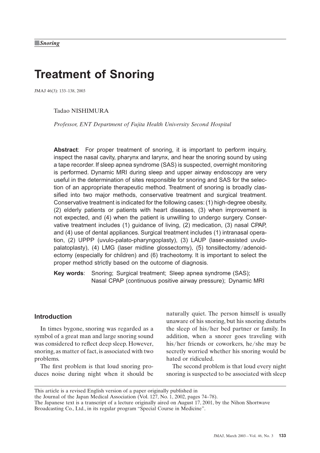 Treatment of Snoring