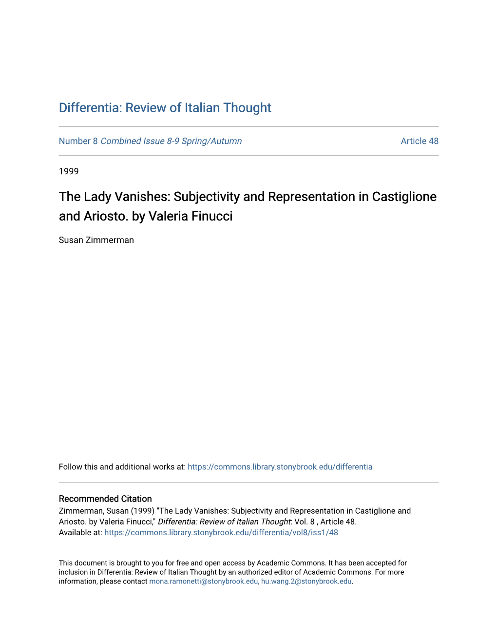 The Lady Vanishes: Subjectivity and Representation in Castiglione and Ariosto