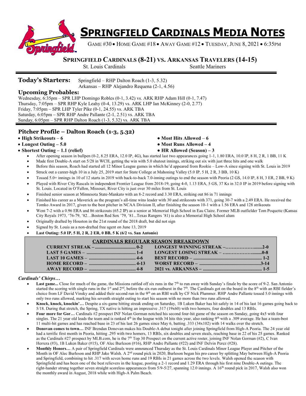 Springfield Cardinals Media Notes Game #30  Home Game #18  Away Game #12  Tuesday, June 8, 2021  6:35Pm