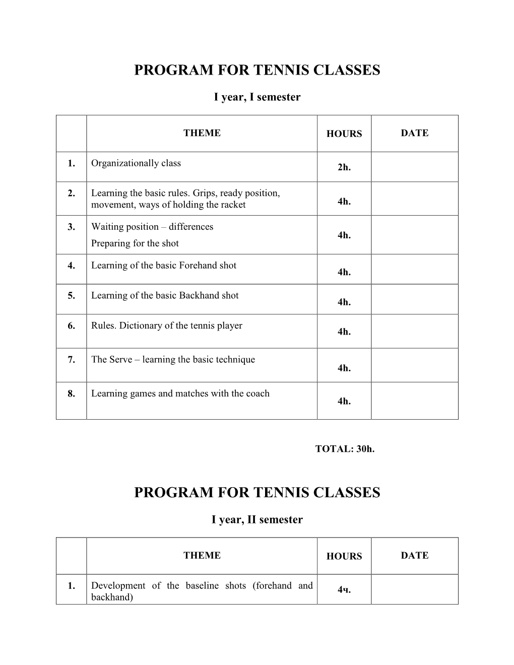 Program for Tennis Classes