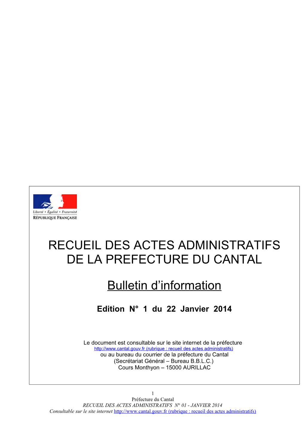 Recueil Des Actes Administratifs De La Prefecture Du Cantal